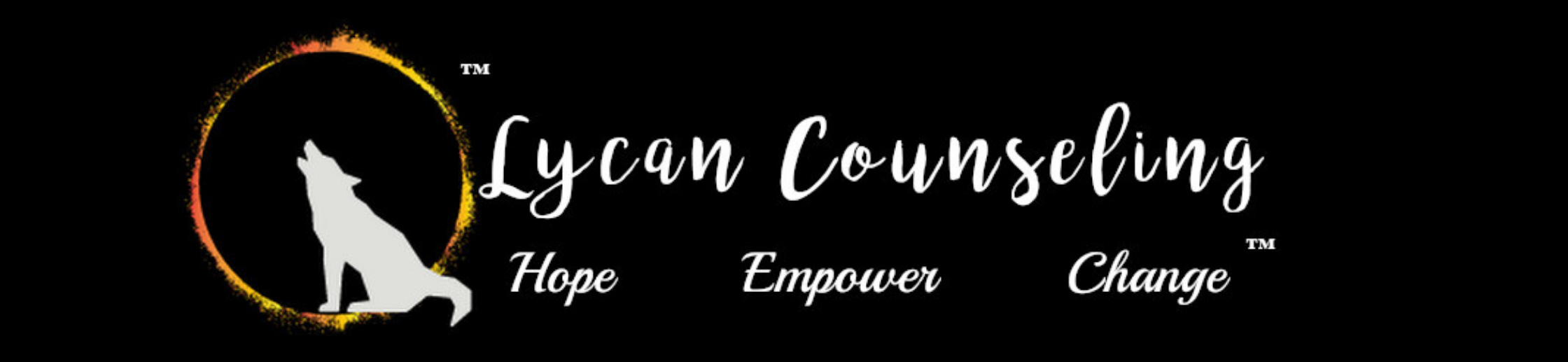 The banner is black with a white silhouette of a howling wolf surrounded by an orange and yellow circle that looks like an eclipse. The main text is white and reads "Lycan Counseling". The subtext is white and reads "Hope. Empower. Change."