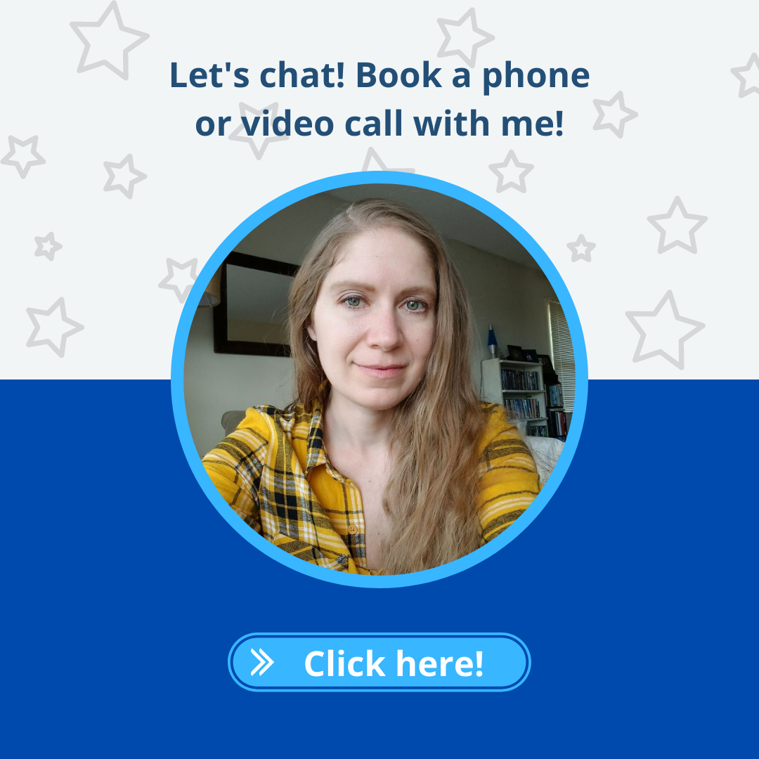 The image is white with gray stars on top and solid blue on the bottom. In the center is a color photo of Kelly wearing a yellow and black plaid flannel shirt and slightly smiling. She has long blonde hair and is thirty something years old. Above her photo are the words "Let's chat! Book a phone or video call with me! Below her photo is a blue bottom with the words "Click here!"