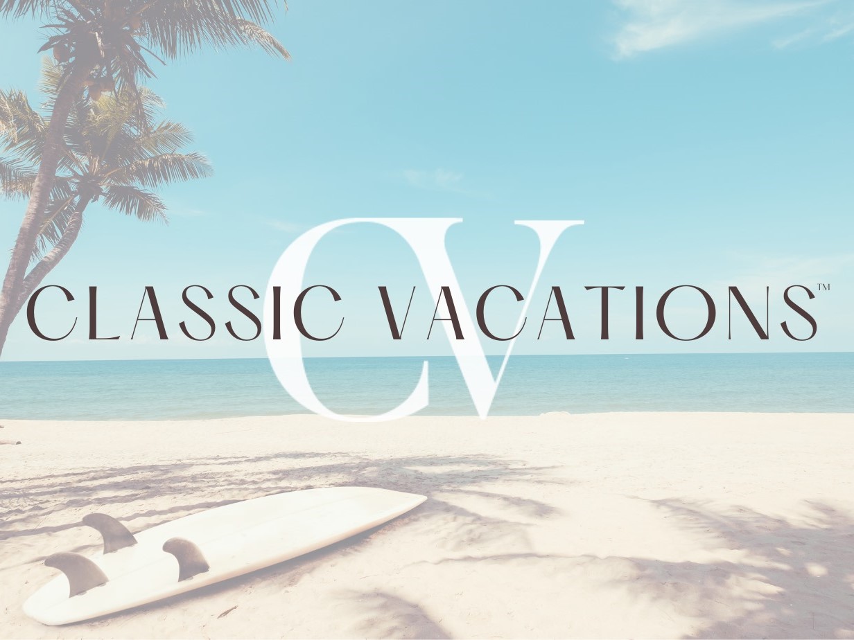 Classic Vacations logo is seen over a washed out beach image.