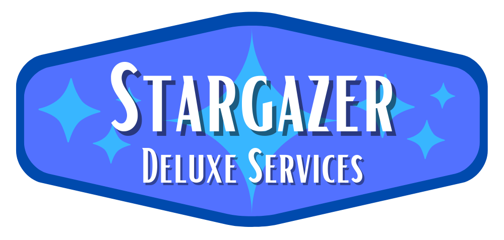Stargazer Deluxe Services appears in white text on a blue background with a dark blue border and light blue mid-century style stars in the background.