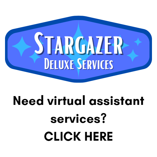 Image features Stargazer Deluxe Services logo. Text underneath reads: Need virtual assistant services? CLICK HERE