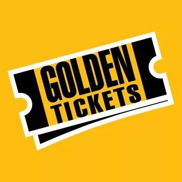 The image is of two black tickets with white outlines on a golden yellow background. The text on the tickets reads "Golden tickets."