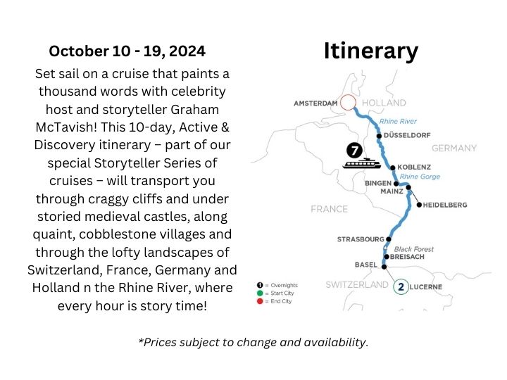 Image contains information about 10 day Rhine River cruise with 2 nights in Lucerne, Switzerland with actor Graham McTavish. Below the image is a link to book this itinerary.