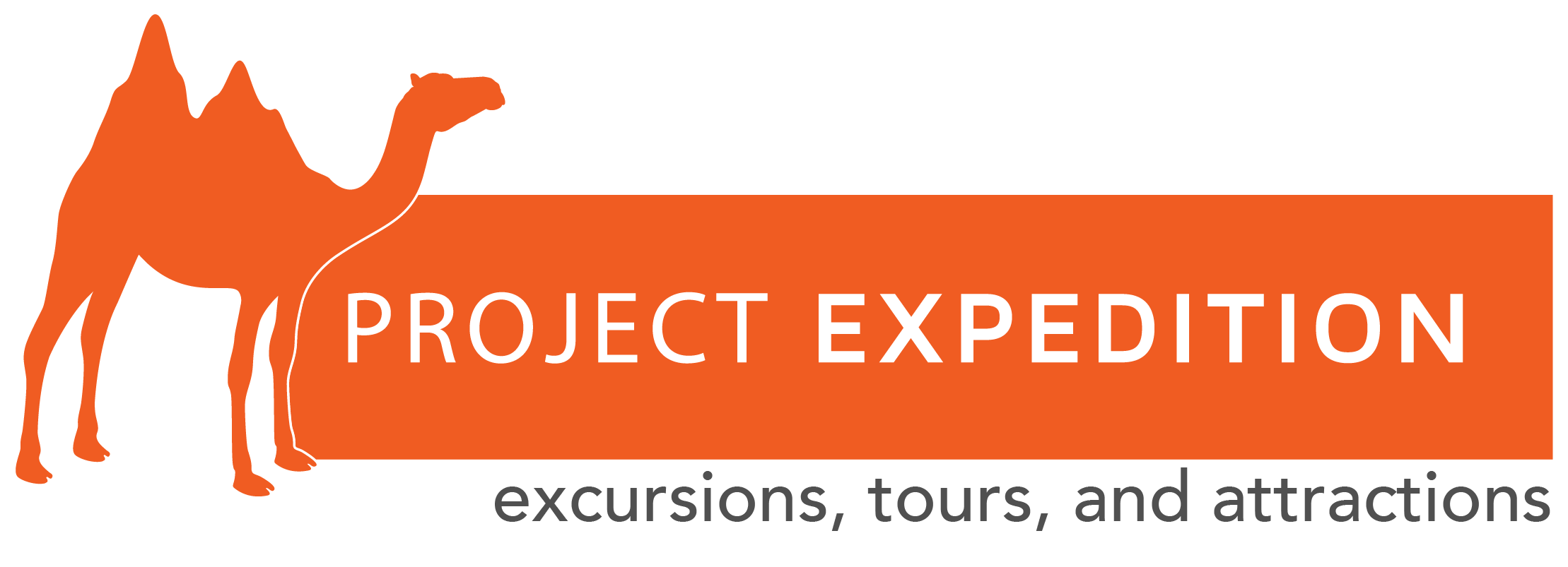 The Project Expedition logo features an orange silhouette of a two-humped camel facing to the right and standing next to an orange rectangle with the words "Project Expedition" shown in white text. Below the rectangle are the words "excursions, tours, and attractions."